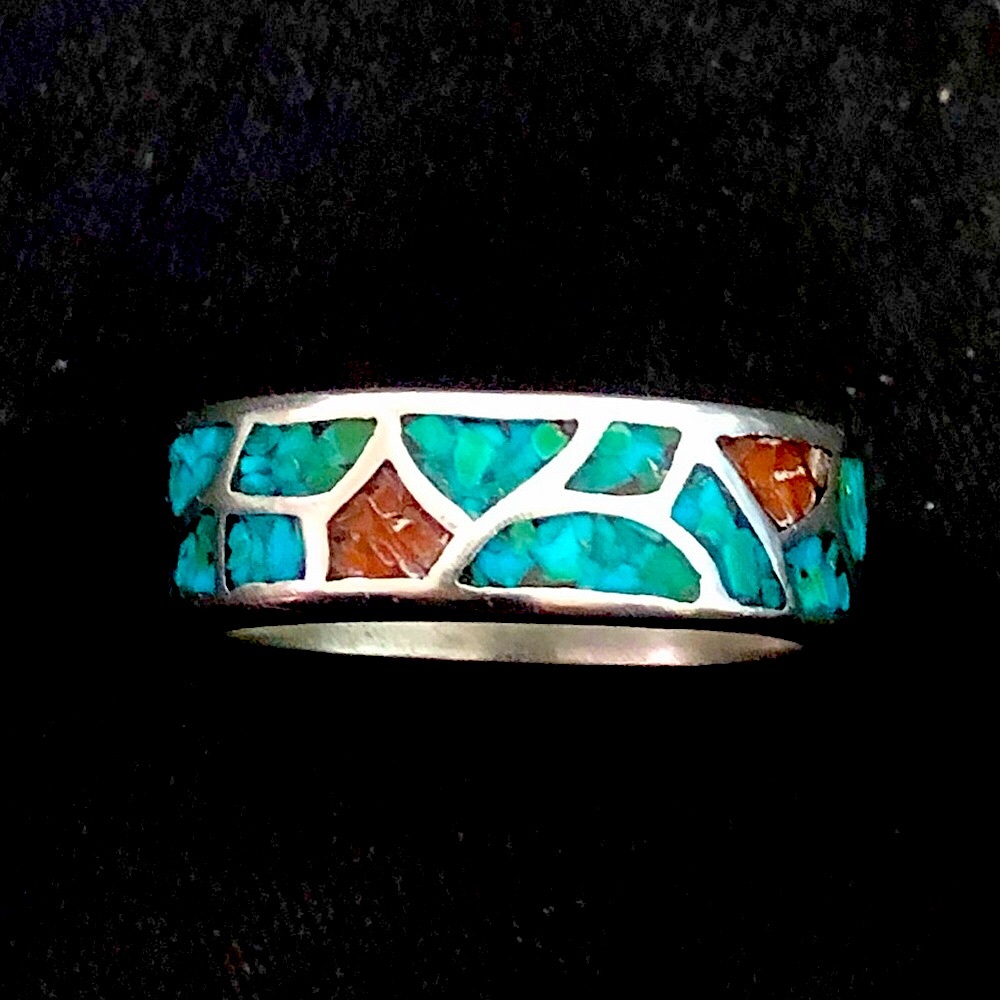 Southwest Native Sterling Silver Crushed Turquoise Coral Mosaic Ring Sz 12-1/2